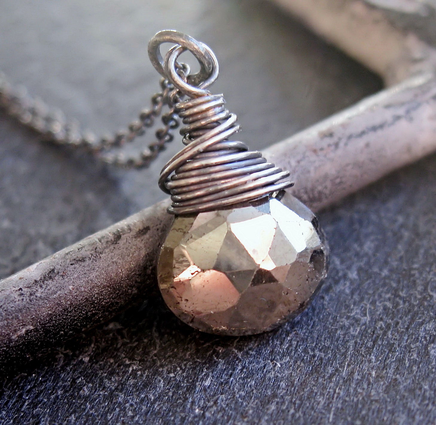 Teardrop  Necklace - Pyrite,   Oxidized Silver, Gemstone Necklace, Wire Wrapped, Sterling Silver