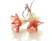 Lucite Flower Earrings, Sterling Silver Pale Green & Red Bellflowers, Spring Fashion for Mothers Day