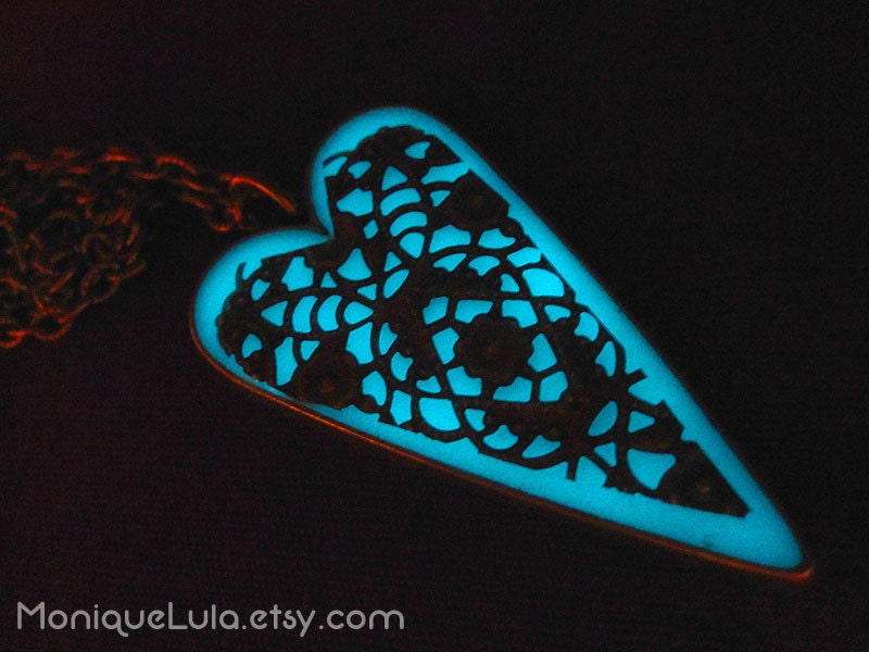 Aqua Glow in the Dark Heart Pendant Antiqued Brass Filigree