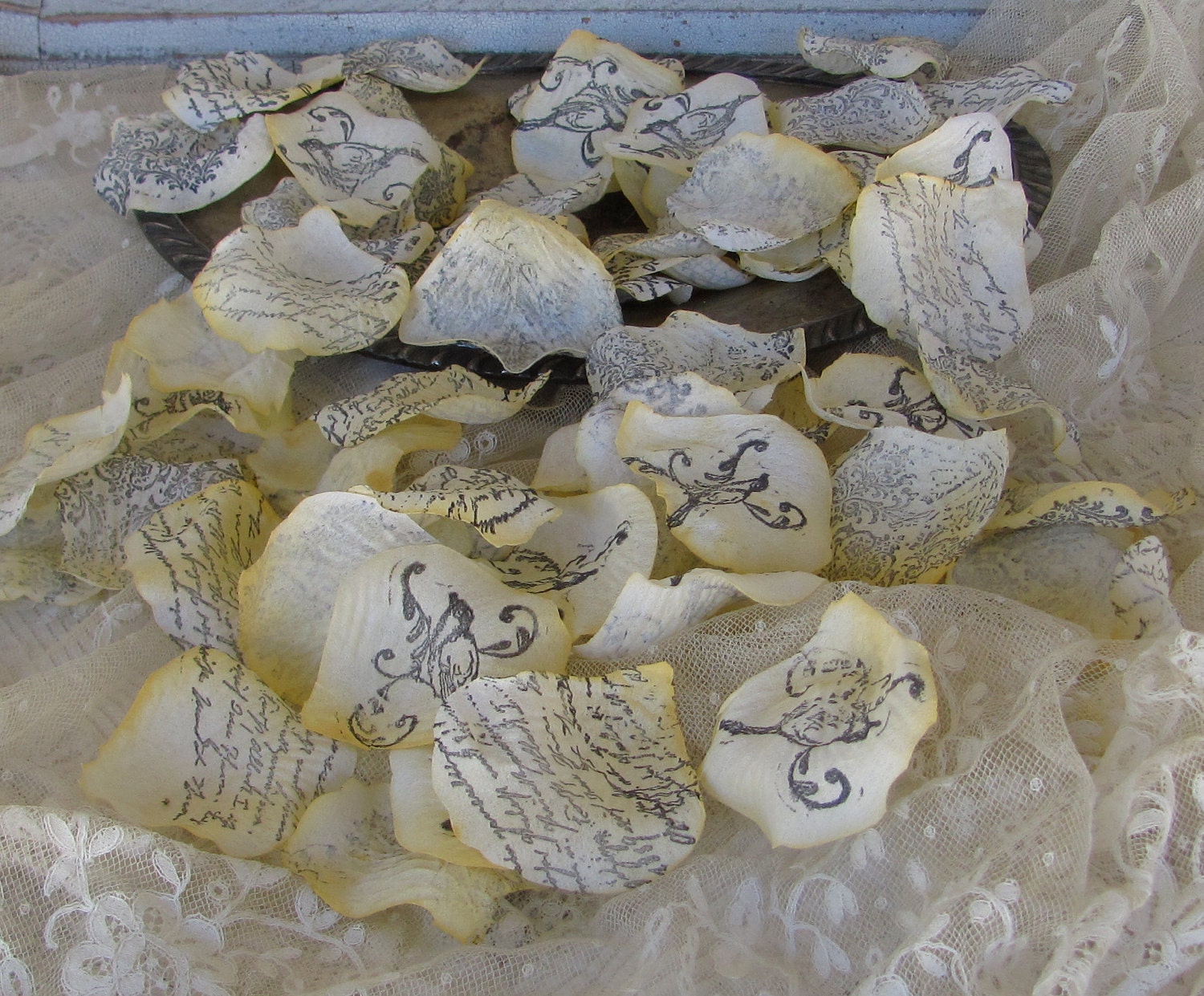Wedding  Flower Petals Vintage Yellow Hand Stamped With Bird