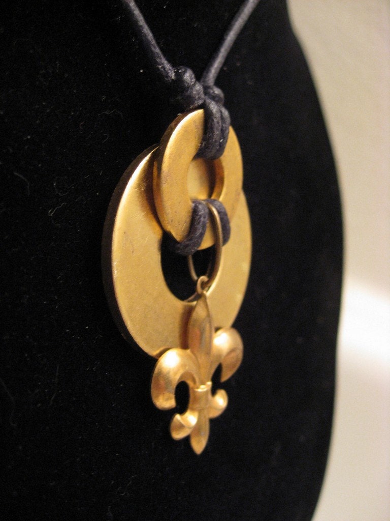 urban artifact necklace - brass washers, brass fleur de lis jewelry component