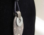 urban artifact necklace - Lake Michigan crinoid hash coral fossil stone, shiny washer, pewter jewelry bail