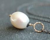 White Pearl Necklace  - Oxidized Silver, Mixed Metals, Delicate Necklace, Pearl Jewelry, Handmade