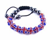 Union Jack Friendship Bracelet: UK Flag Jewellery in Red White Blue Crystal & Hematite for British Queen's Diamond Jubilee London Olympics