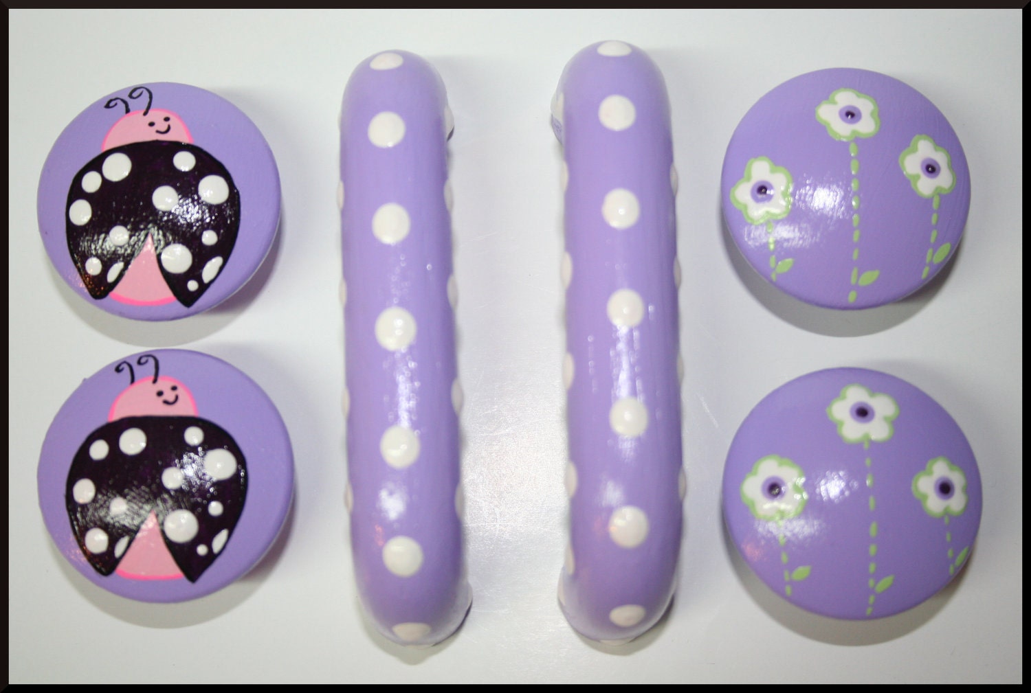 Lavender Purple Lady Bug and White Flower Knobs- 3" Pulls Available