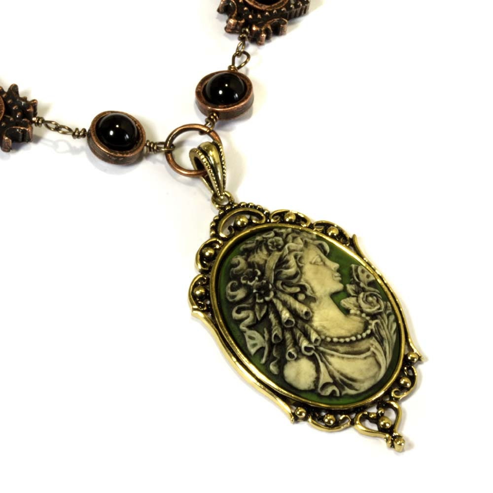 Steampunk Neo Victorian Jewelry - Necklace - Victorian Woman Portrait - Ivory on Dark Green Background