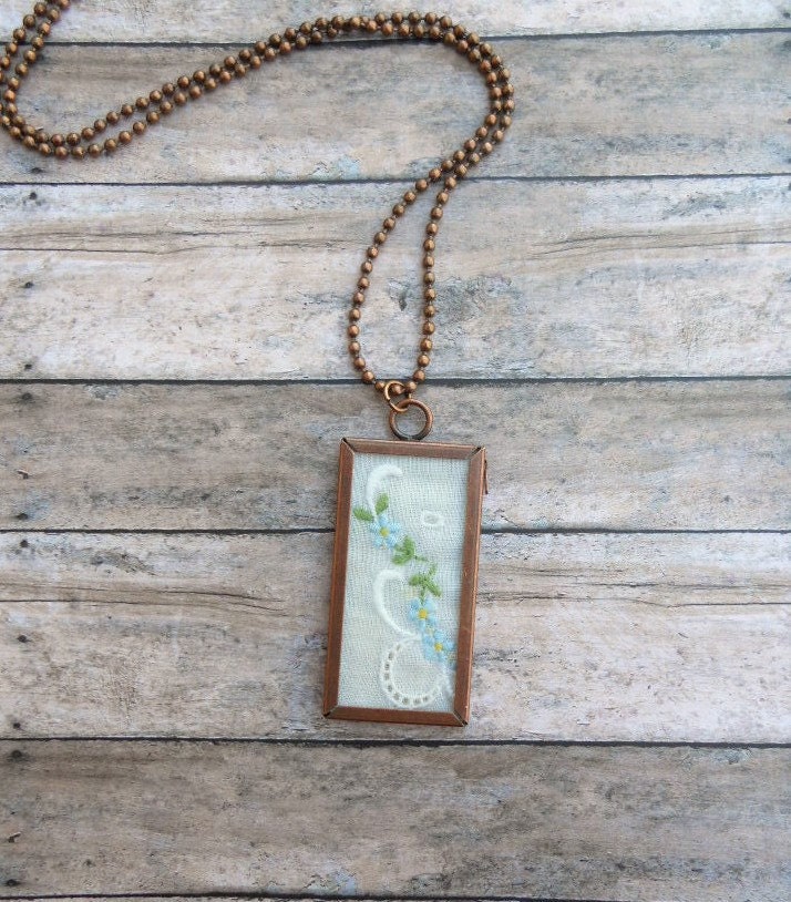 Vintage Embroidered Linen Necklace (Blue Flowers)