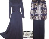 Vintage 60s Designer PAT SANDLER Full Maxi Dress & Gold Embroidered Jacket Hostess Set  8
