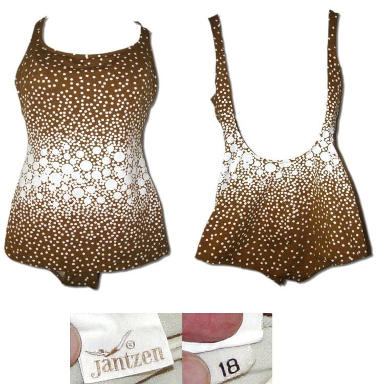 VINTAGE 1950's 60's JANTZEN Pin-Up Rockabilly Swimsuit Polka Dot Bubbles Full Cut Open Back Plus Size 18 VLV