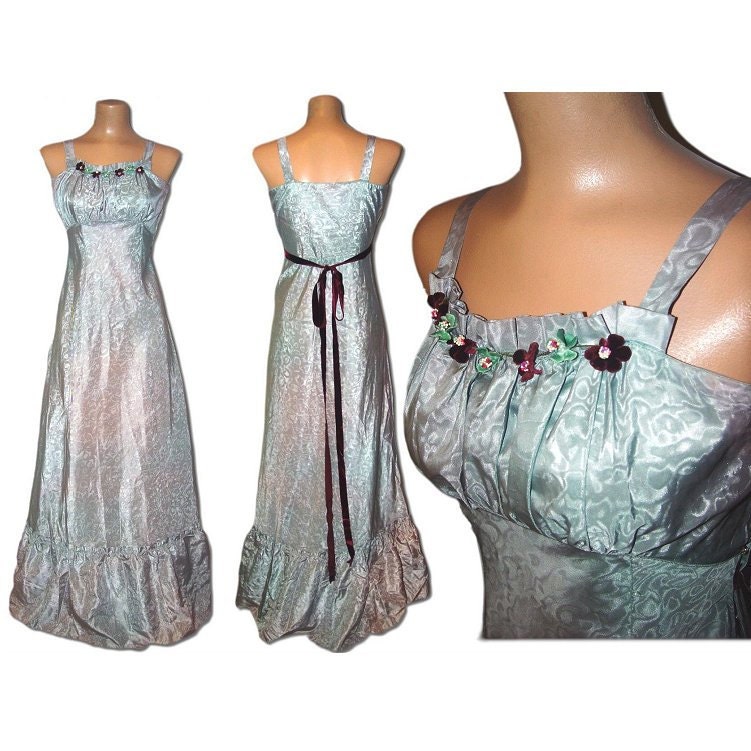 Vintage 30s SILVER Gray Moire Taffeta Gown SILK Velvet Flowers &  Ruched Empire Dress VICTORIAN