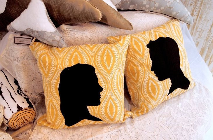 Personalized Silhouette Pillows. Two Faces. Two Pillows. Specifically with Waverly Carino Fabric. 18X18 inches.