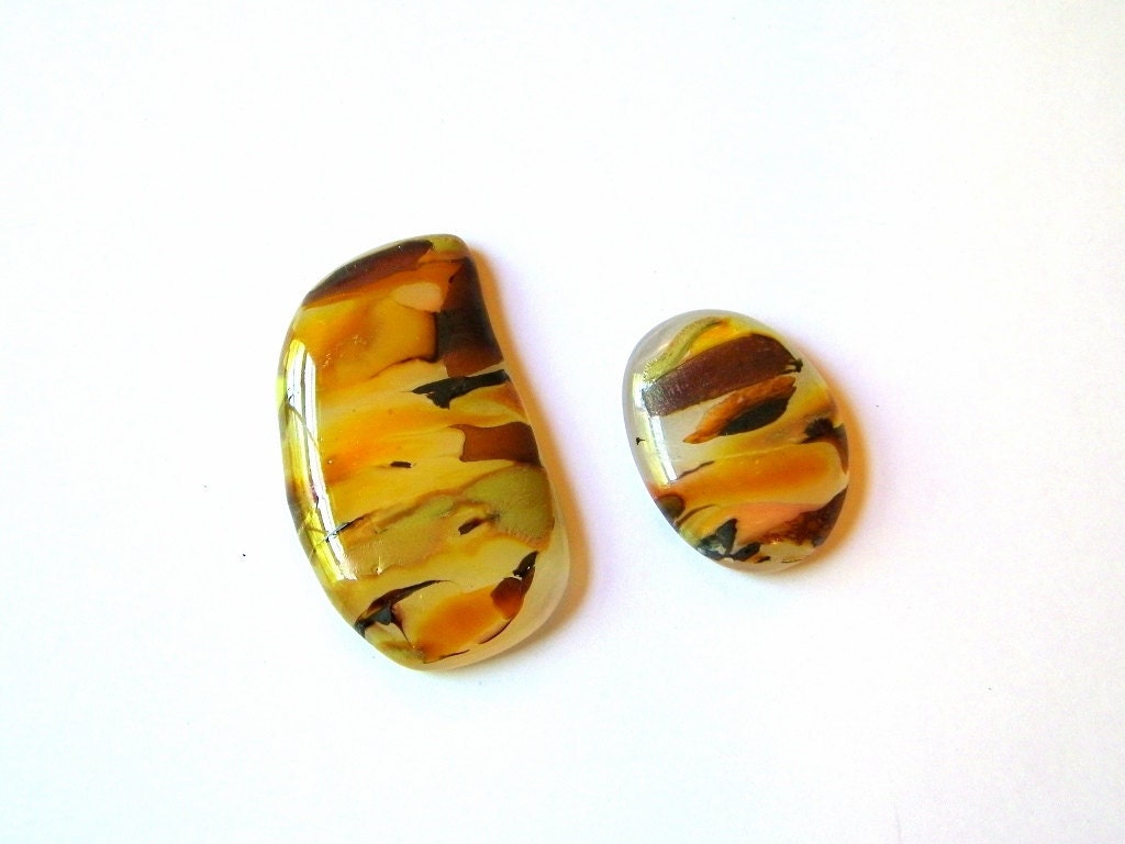 Fused glass cabochon pendants 2 pc earthtones of yellow, gold and brown - beachseacrafts