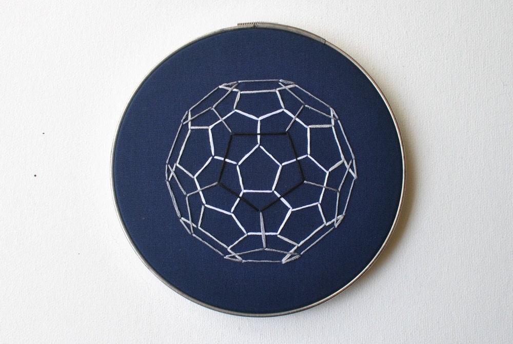 Buckyball Carbon Sphere in Navy Blue - Embroidery Hoop Art - Geometric Chemistry Science Industrial