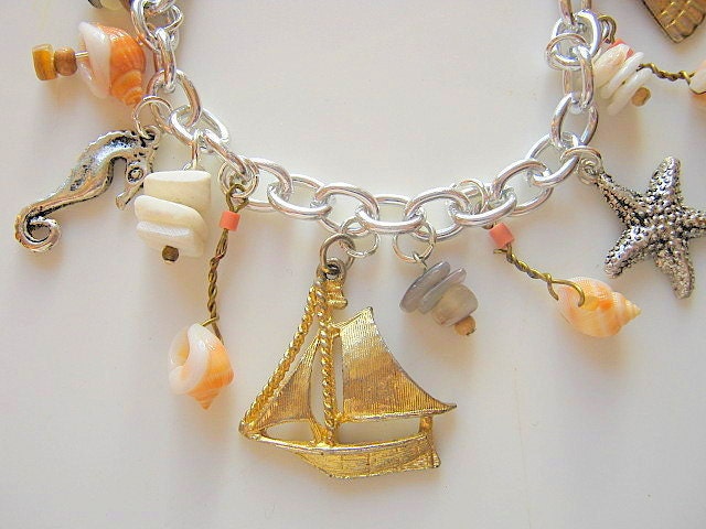 Sailboat and Shells Charm Bracelet Upcycled