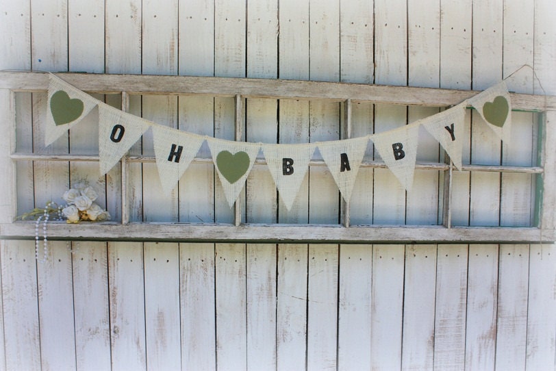 Oh Baby banner or photo prop with sage green hearts