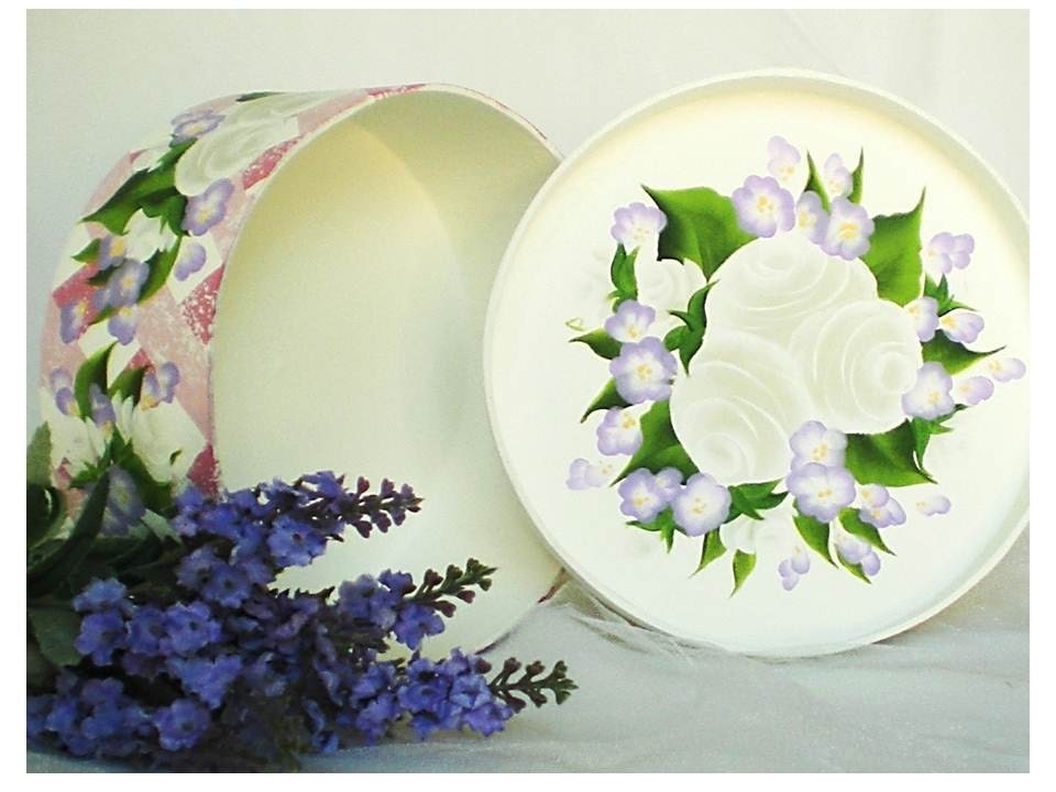 Hand Painted Hat Box - Pink Gingham Background, White Roses, Purple Blue Flowers - Summer Wedding Bridesmaid Gift XL 12 in Round