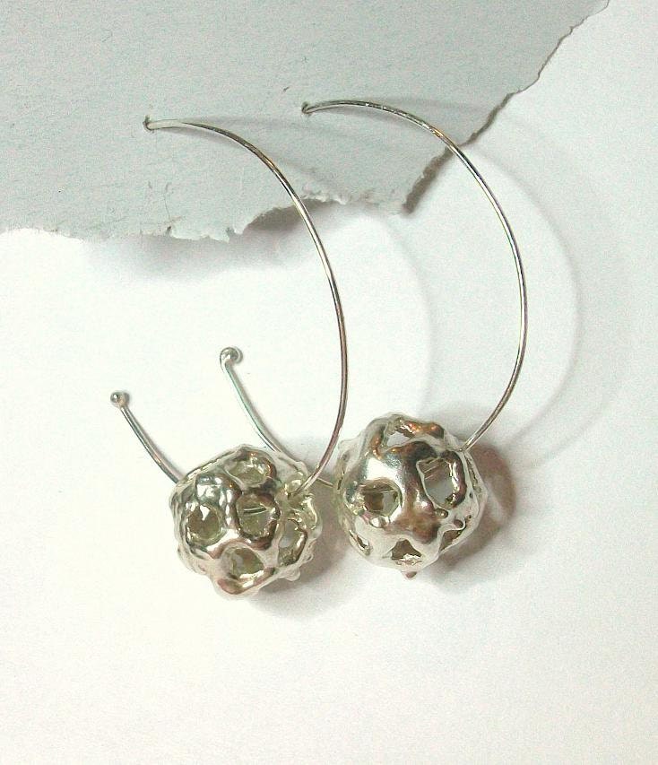 Silver Hollow Ball Earrings Organic Hoop Sterling