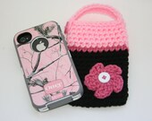 Flower cell phone, iPhone, pocket camera, cozy or case black, mauve, pink and white fits with Otterbox custom colors available