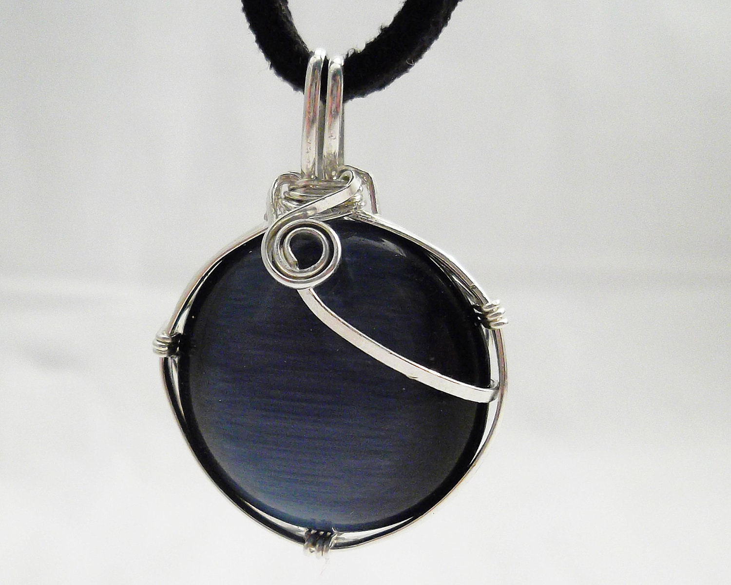 Blue Cats Eye Necklace, Wire Wrapped Pendant in Sterling Silver