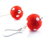 Red & White Earrings, Sterling Silver, Felted Merino Wool. Handmade polka dot dangle earrings for pierced ears. Limited Edition. NEW