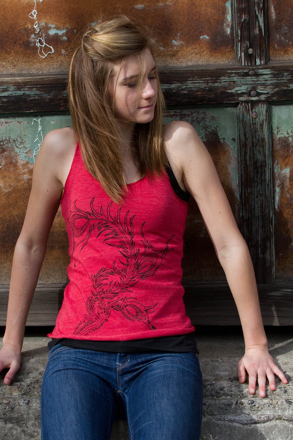 Womens Peacock Feather Tank Organic Cotton Red LARGE