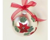 Christmas Ornament Hand Painted  - Silver with Red Poinsettias, Red Bow Ribbon - Heirloom OOAK Contemporary Modern Ready to Ship
