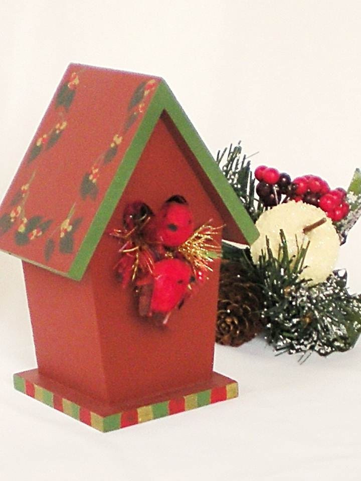 ARTIST MOVING SALE Hand Painted Country Christmas Birdhouse - Silk Birds, Nest, Holly and Berries - Check out the price