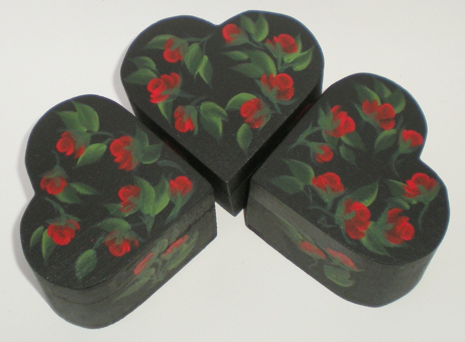 ARTIST MOVING SALE Hand Painted Heart Ring Boxes - Ebony Black with Striking Red Rose Buds Set of 3 - Check out the price