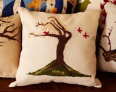 Red Bird Tree Pillow -- windy tree, blossoming tree, throw pillow, cushion, decorative pillow, embroidery, felt