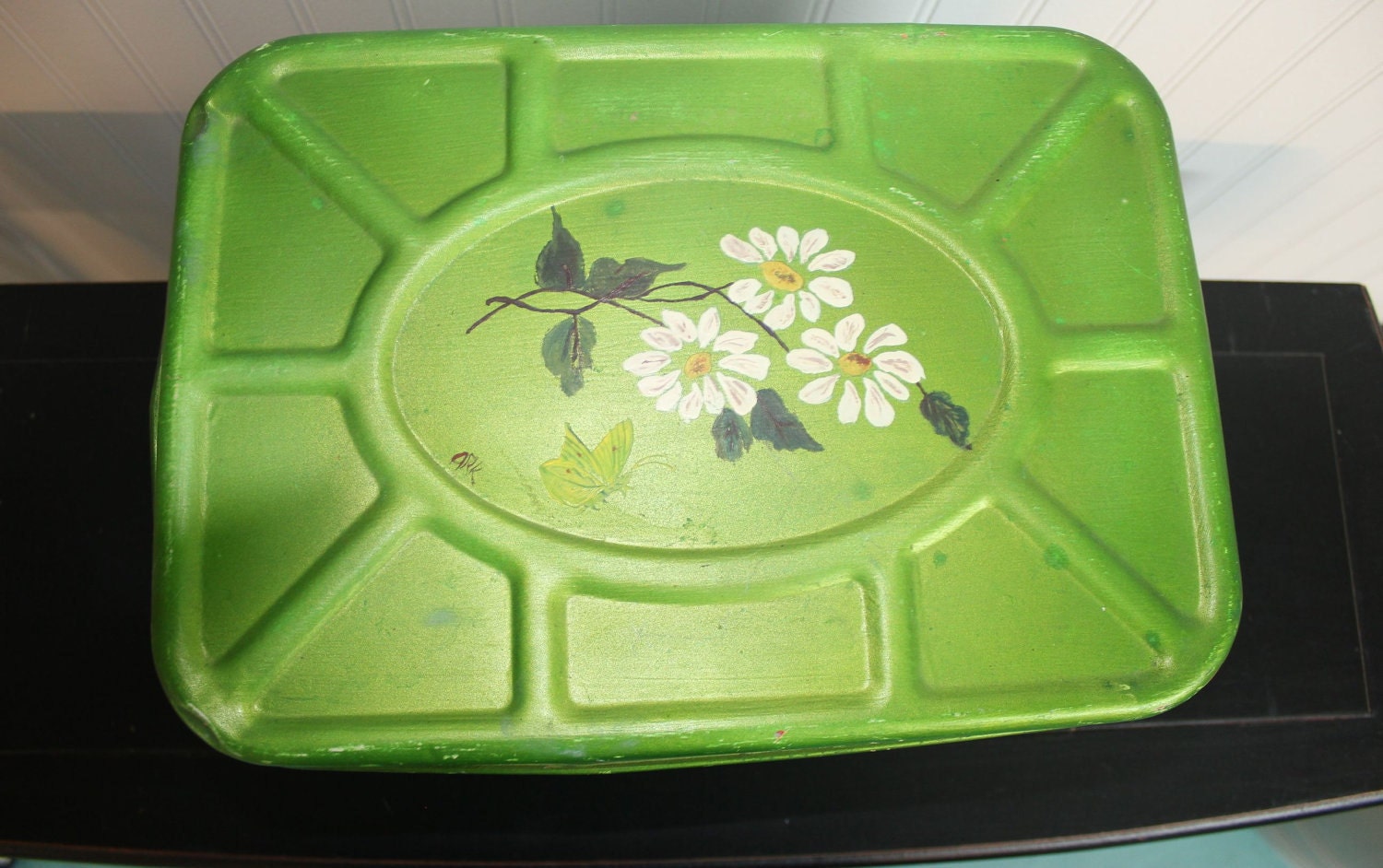 Vintage Fluorescent Green Hand Painted Metal Shabby Bread Box