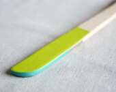 Modern Wooden Cooking Utensil with Green, Blue, and Gray Handle