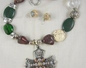 Rhinestone Cross Necklace Turquoise Jasper Green Brown