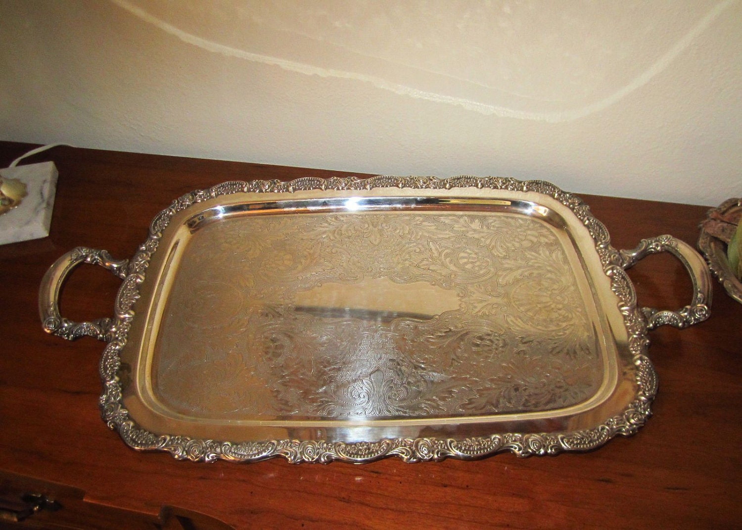 Vintage Oneida Silver Handled Tray with Ornate Details