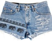 Tribal/Aztec Elephant Shorts, Hand Painted, Vintage Distressed High Waisted Denim, Upcycled W31