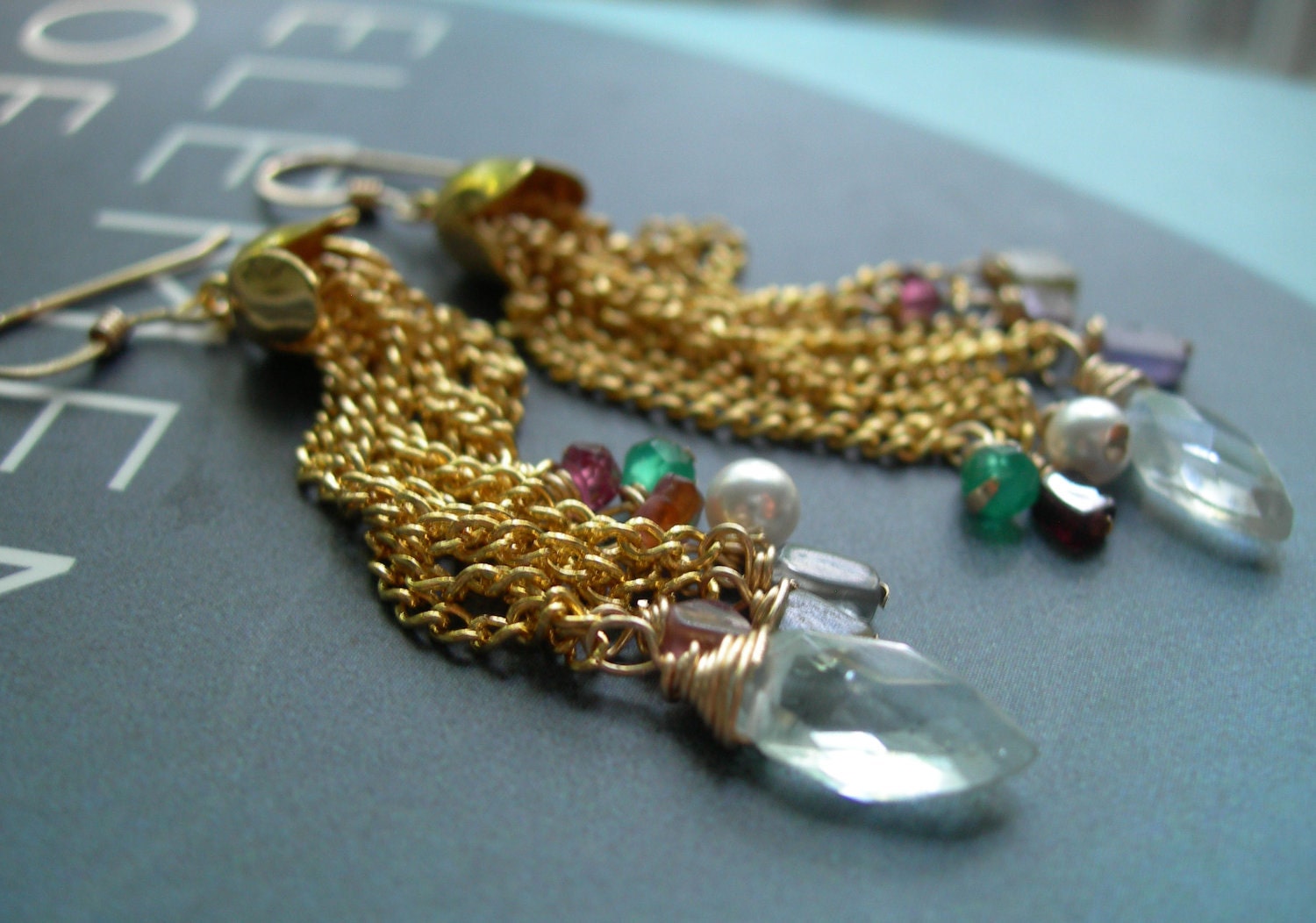 Trendy  Chic- Dangling Earrings with Aquamarine, Green Onyx, Chalcedony and Pearls