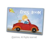 Custom name door hanger sign Boy in red car nursery welcome wood plaque