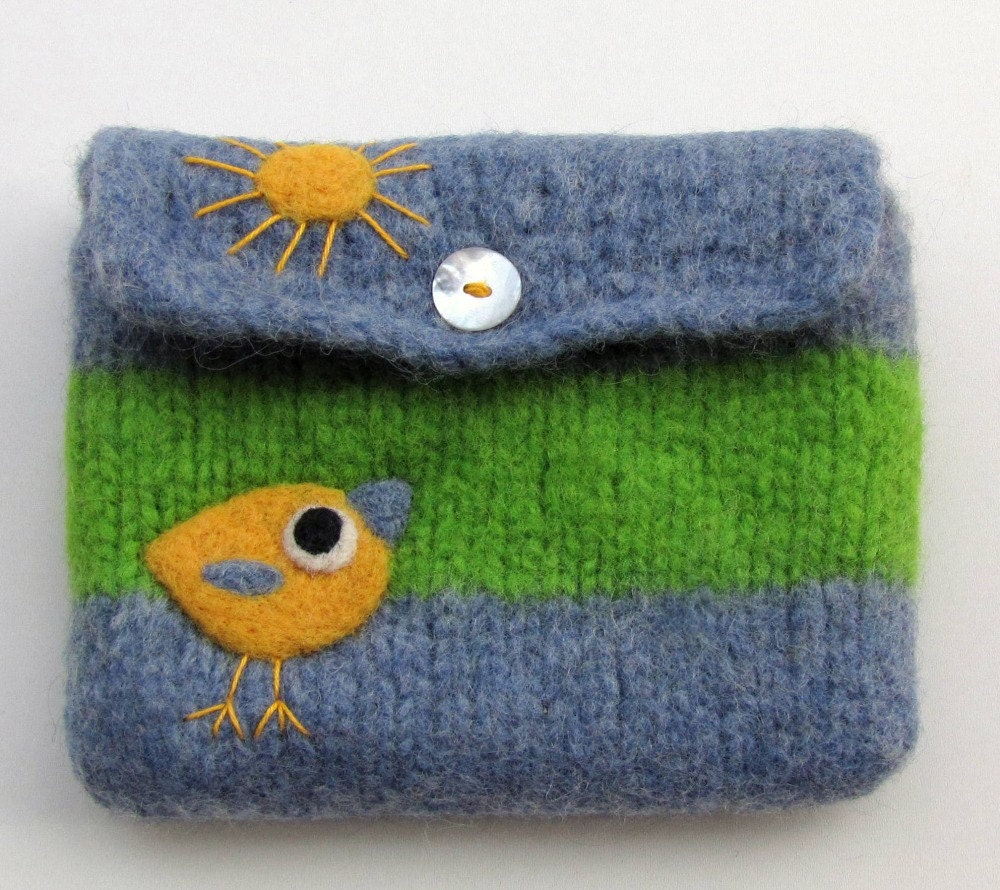 Felted bag wool pouch purse needle felted yellow bird birdie and sun