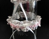 Silver Gray Satin with Pink and White Lace Garter Set