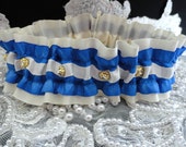 Antique White Satin & Blue Ruffle Garter-Simple-Stylish with Rhinestones-Keepsake Garter
