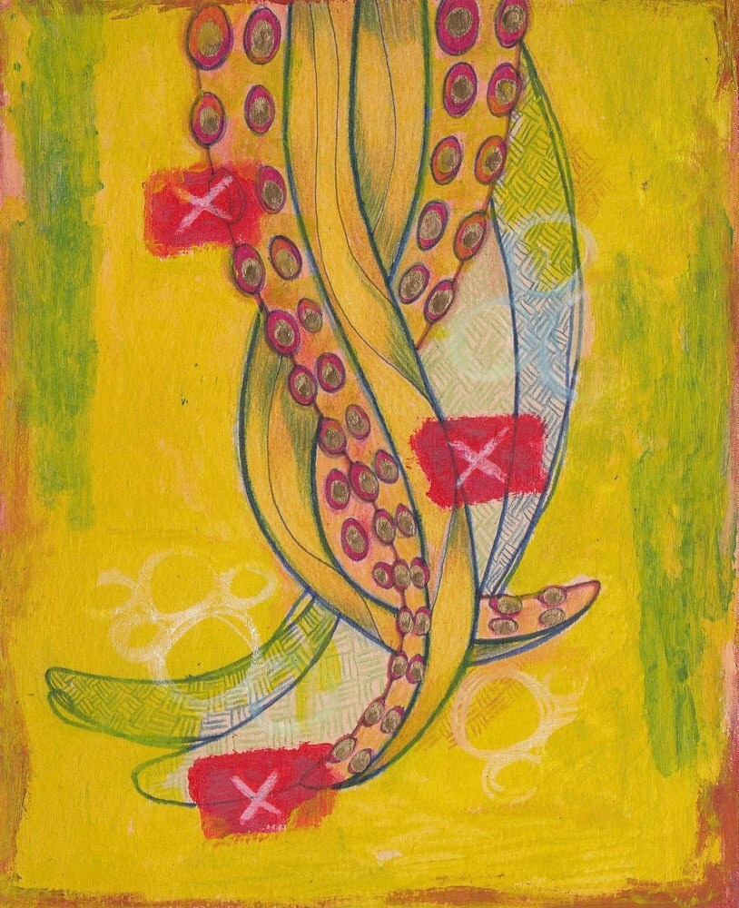 Tentacles Mixed Media Original Art Piece on Vintage Altered Book Page