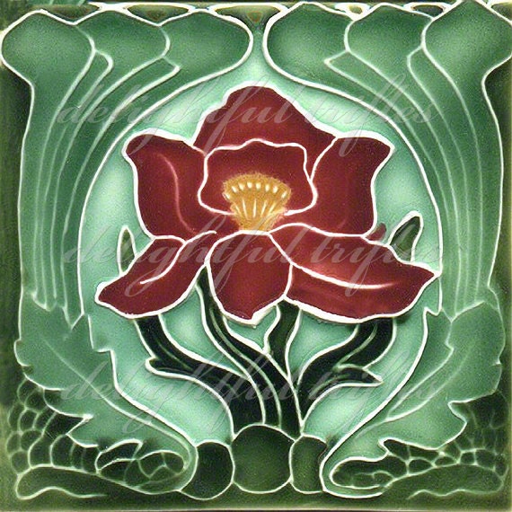 Vintage Art Deco Stained Glass Ceramic Tile Print 8 x 8 Digital Reproduction Red Lily Green Background