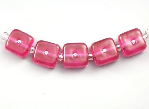 Sparkling Fuchsia Pink Tiles bead set 5 CD Lampwork