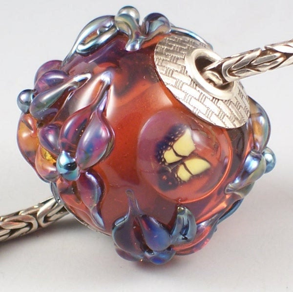 Handmade Lampwork Bead Amber Silvered Butterfly Garden Pandora Style