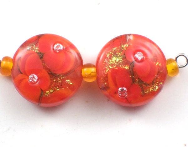Handmade Lampwork Beads  Shimmering Glints and Poppies set 2