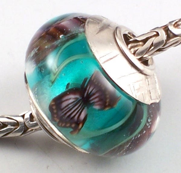 Handmade Lampwork European Charm Bead Violet Butterflies Sterling Silver