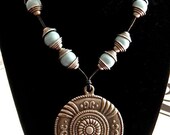 Turquoise Ceramic Bead Necklace Antique Style Silver Necklace, Chunky Turquoise Ceramic Beads . . . Unique One Of A Kind Funky Necklace