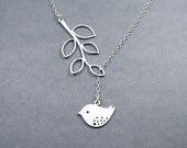 Bird Necklace with Branch 'Melody' - Bird Lariat, Sterling Silver Rolo Chain