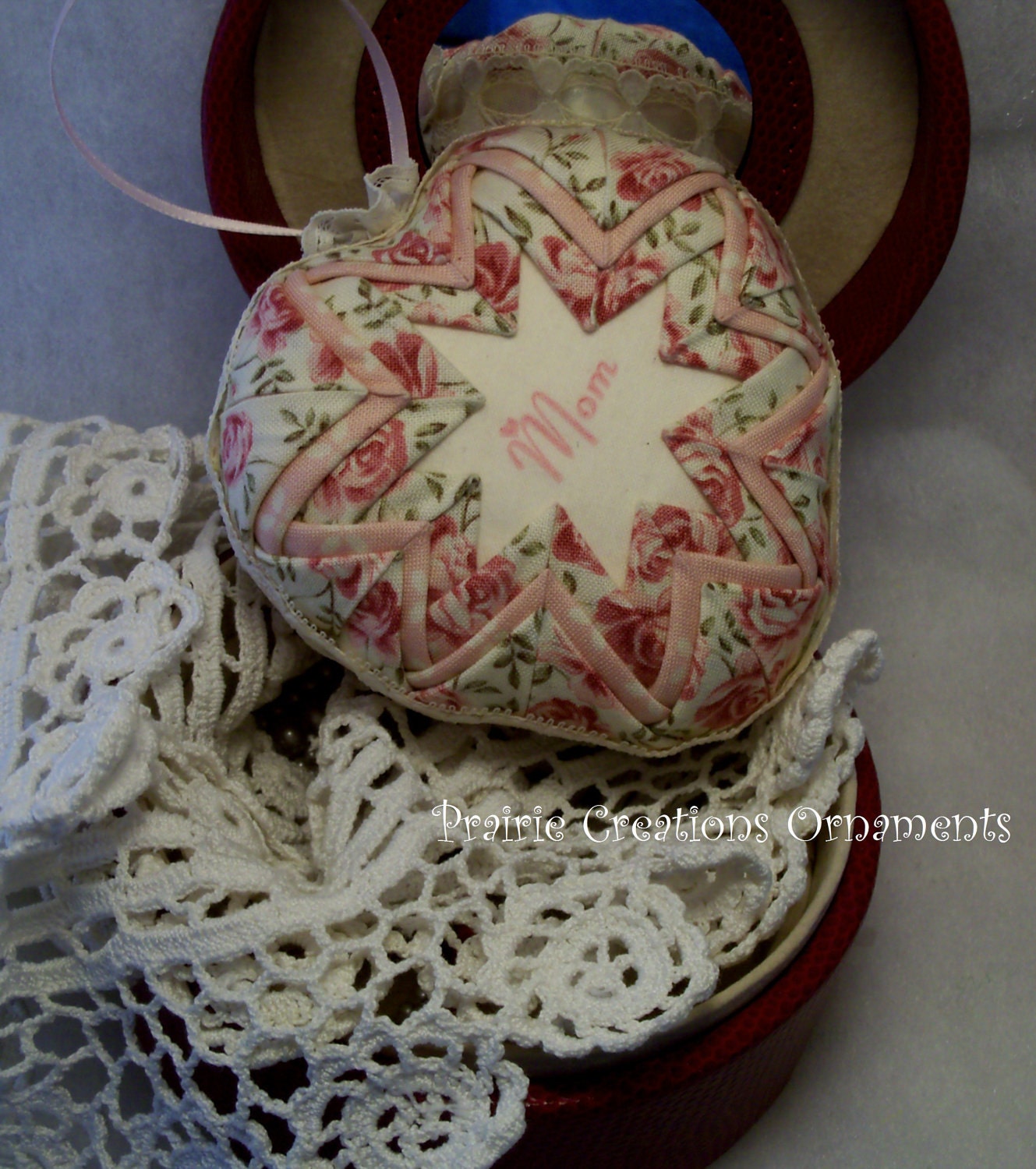 Mothers Day Quilted Ornament or Bowl Filler Shabby Pink Roses Original Design