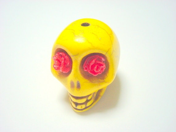 Gigantic Yellow Howlite Skull Bead or Pendant  with Red Roses in Eyes