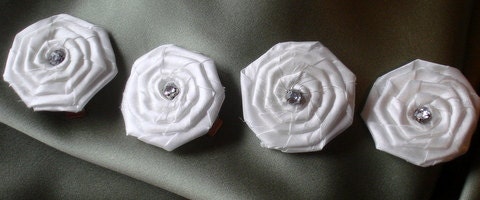 hair bridal accessories, Set of Four, 2" Small White Silk Rosette Hair Clips, Bridal Hair flowers, with crystal center